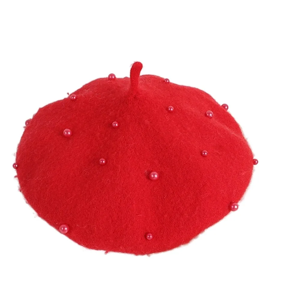 

Fashion Pearl Children's Beret Solid Color Woolen Baby Wool Hat Warm Thicken Painter Hat Baby