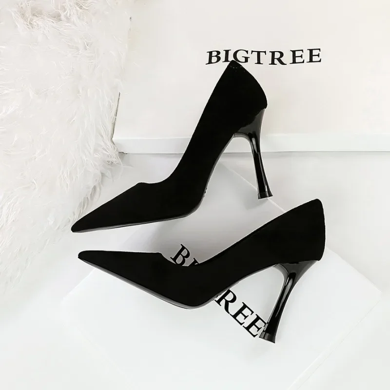 

BIGTREE Spring and Autumn Women Pumps Pointed Toe Wedding Solid Flock 10CM Thin Heels Cover Heel Dress Woman Shoes