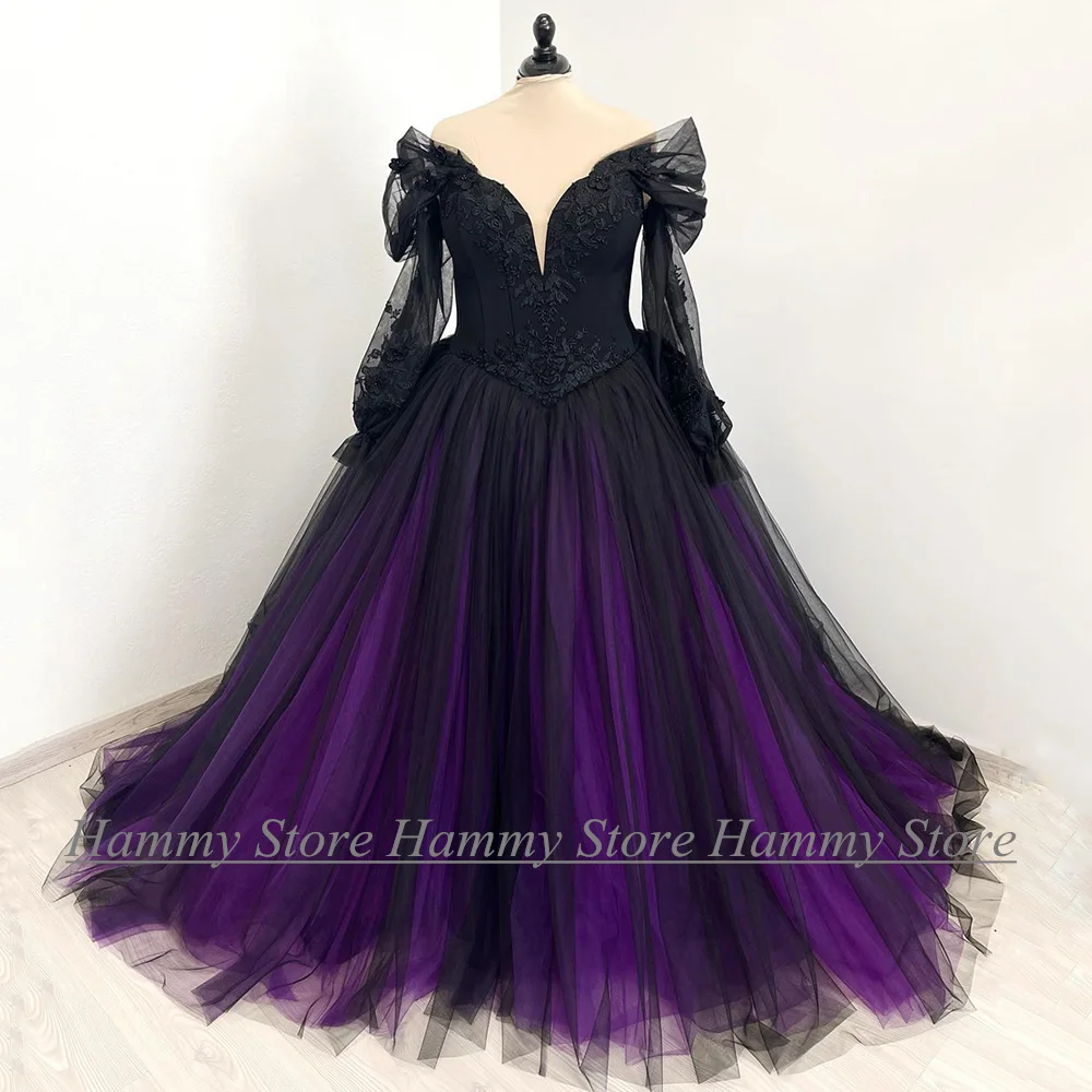 Vestido de novia gótico de talla grande, mangas abullonadas, cuello en V, vestido de novia personalizado, apliques, vestidos de novia de matrimonio negros y morados