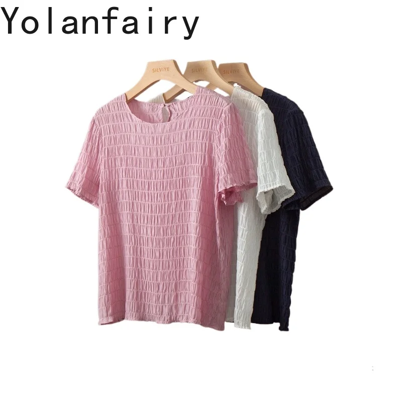 YOLANFAIRY 98% Real Mulberry Silk T Shirts for Women Summer Top Short Sleeve Fashion Pleated Textured Tee Shirt Femme рубашка