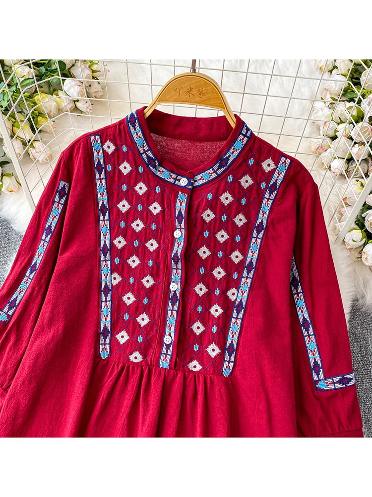 Women's Summer Blouse Ethnic Style Retro Embroidery Single Breasted Round Neck Seven Quarter Sleeve T-shirt New Loose Top BL180
