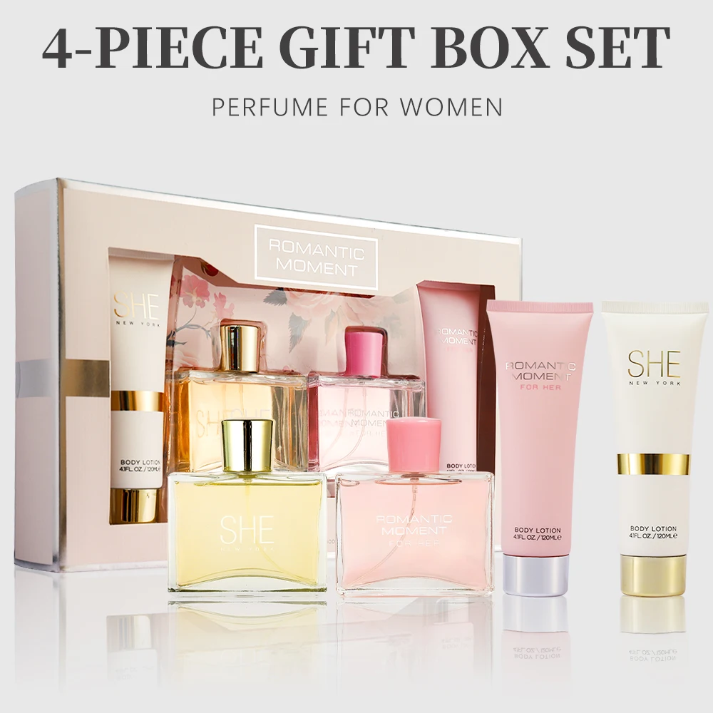 Eau de Parfum-Juego de Spray y loción corporal para mujer, juego de regalo, fragancia, 2 piezas, 3,4 Fl. oz EDP Spray y 2 piezas, 4,1 Fl. oz, loción corporal ROMANT