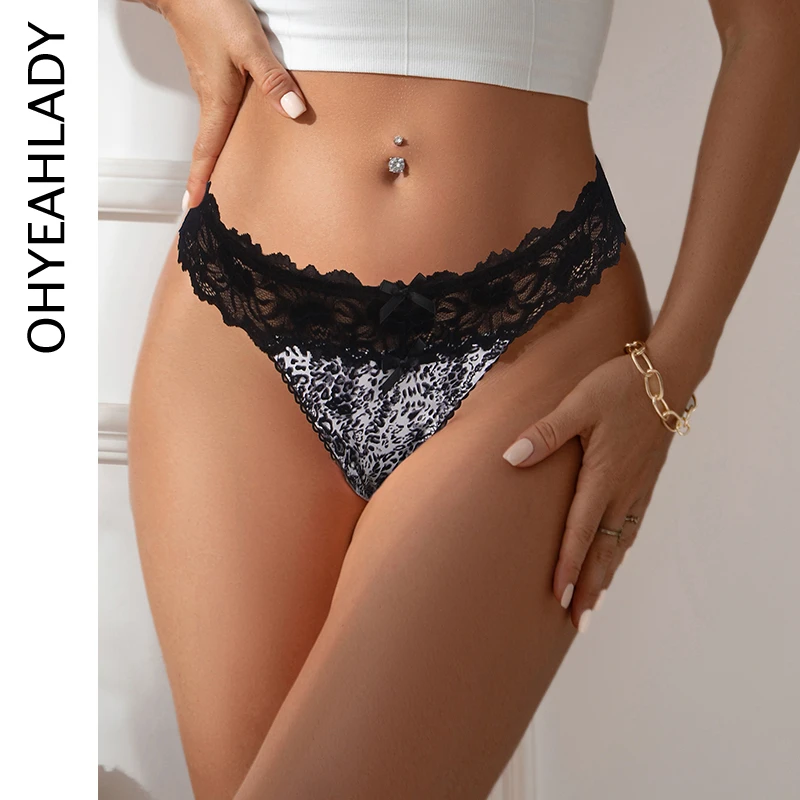 

Ohyeahlady White Leopard Print Briefs Knicker Women's Sexy Underwear Elastic High Quality Plus Size Floral Lace Panties with Bow