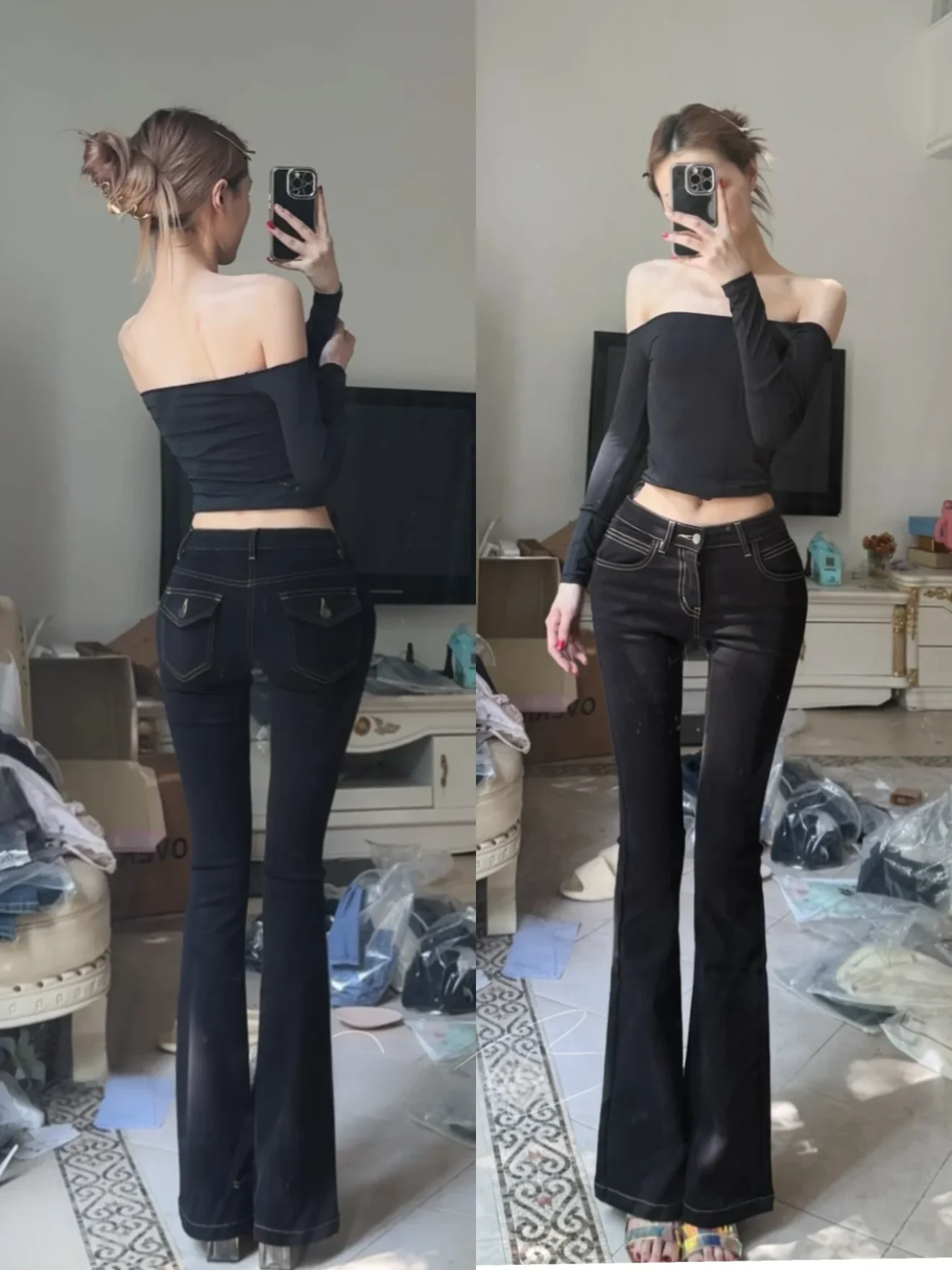 

Женские джинсы с низкой посадкой, расклешенные, облегающие, из эластичного хлопкового денима, ультратонкие, с эффектом подтяжки бедер, черные, с фиксированным эффектом подтяжки бедер