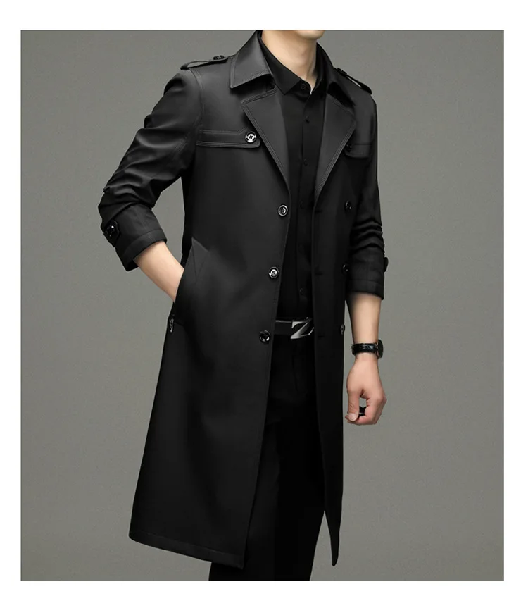 Mens Extra Long Double Breasted Trench Coat 2023 Autumn New Casual Notch Lapel Belted Windbreaker Slim Fit Business Overcoats