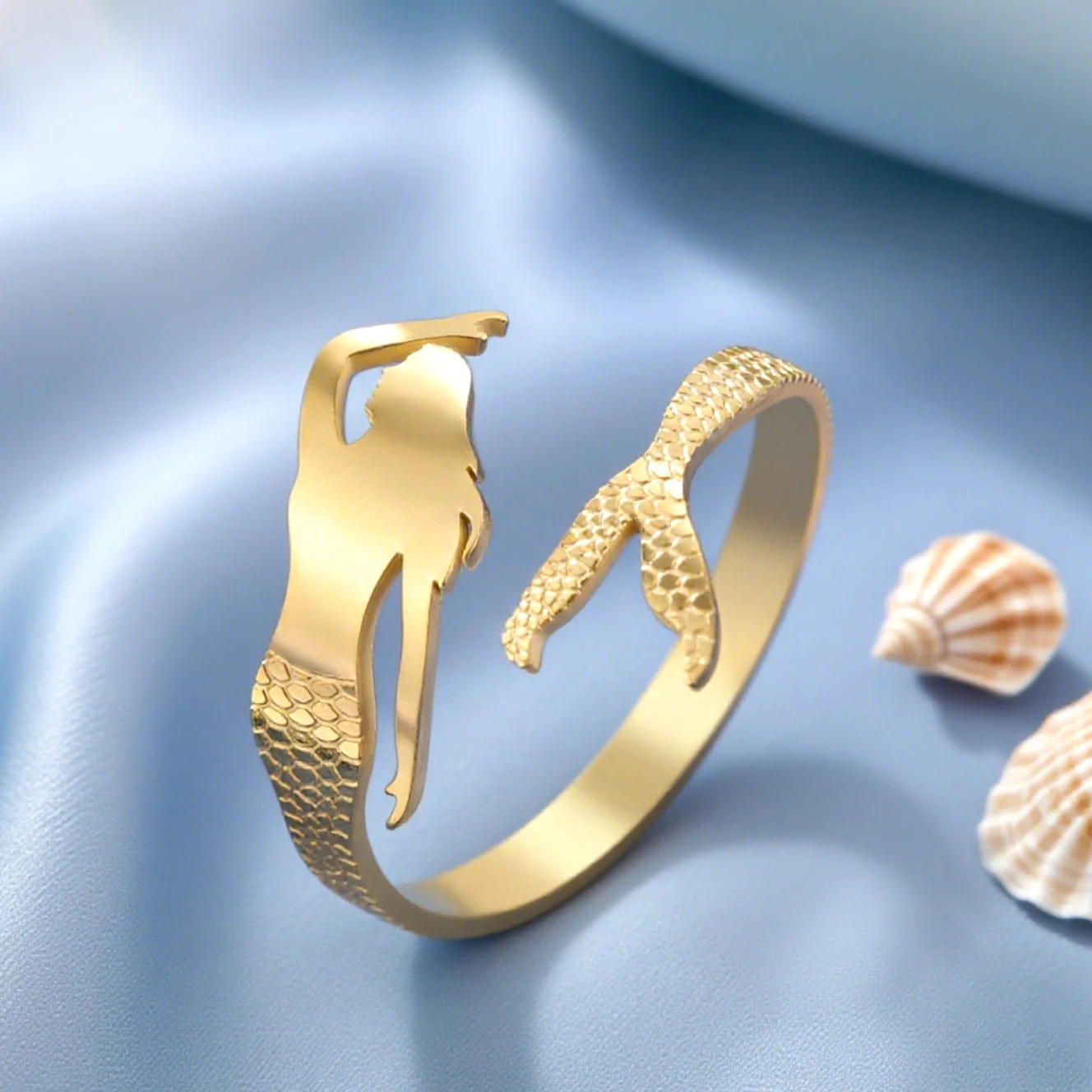 Dawapara Mermaid Adjustable Ring Minimalist Ocean Lover Fairytale Gift Stainless Steel Wedding Band Finger Ring