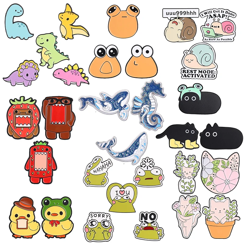 2-5 Stück/Set Tier-Emaille-Anstecknadeln: Cartoon-Katze, Gans, Wal, Domo-Brosche, Pilz-Reversnadel, Frosch, Schnecke, Dino-Schmuck