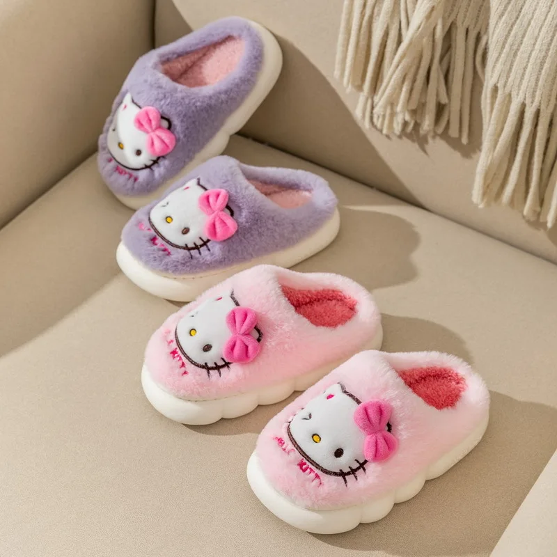 Hello Kittys Sanrios Cotton Slippers Girl Child New Cartoon Add Cotton Anti-Slip Winter Anime Figure Kawaii Baotou Keep Warm