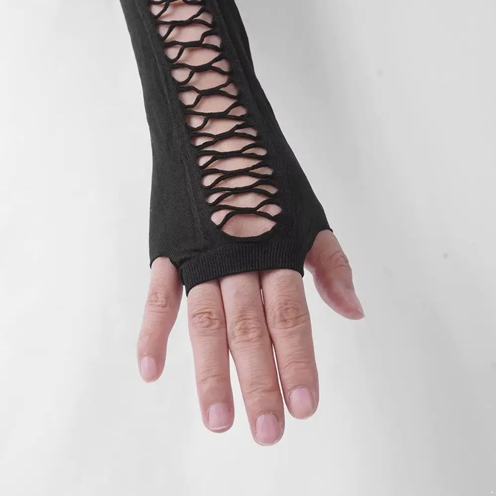 Retro Shiny Women Fingerless Gloves Mesh Black Half Finger Mittens Breathable Hollow Out Long Mesh Gloves Stage Performance
