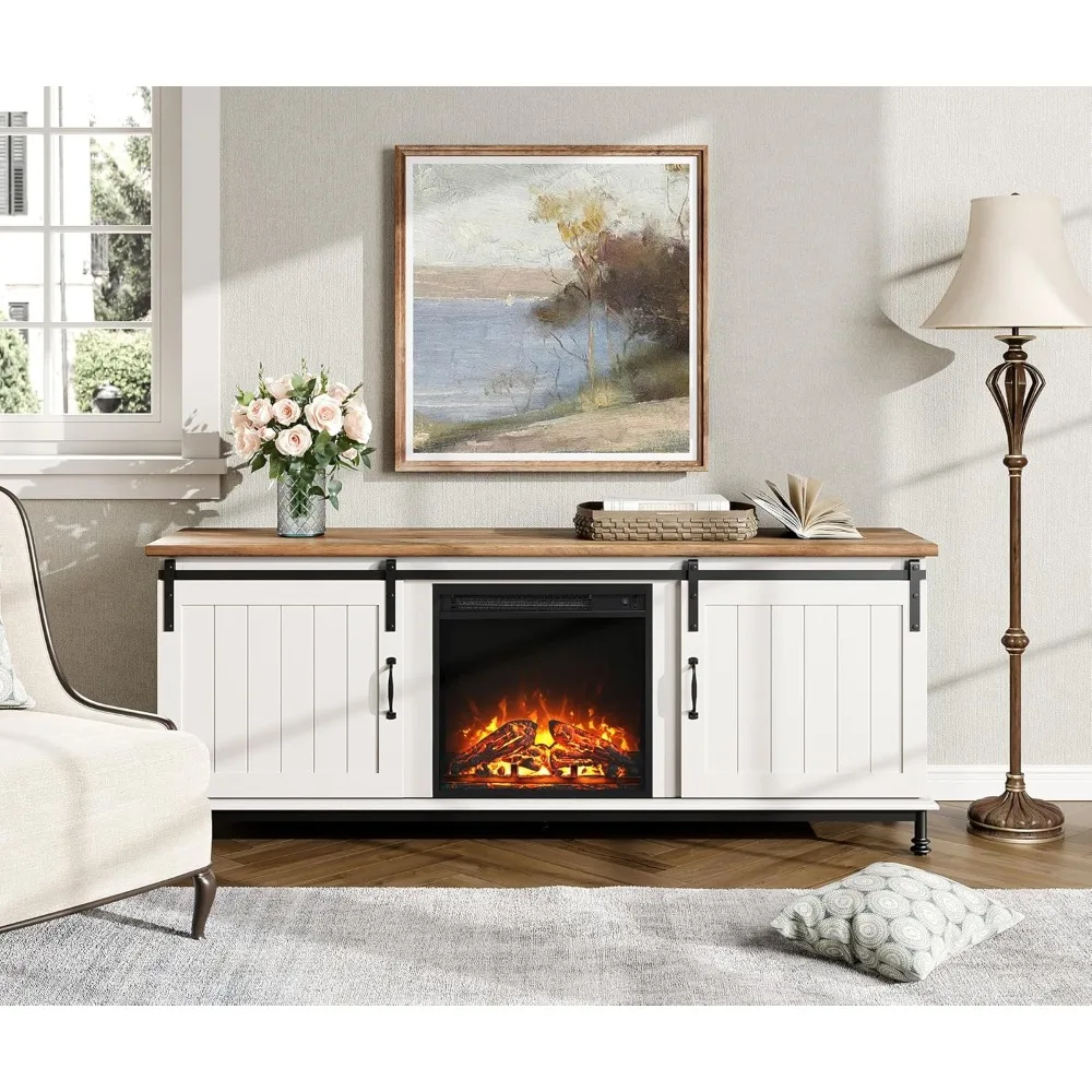 2-in-1 Fireplace TV Stand for 65 75 Inch TV, Farmhose Entertainment Center with 18'' Electric Fireplace&Sliding Barn Door