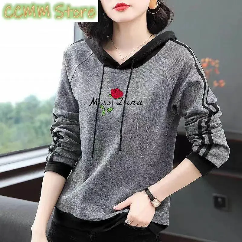 Women's Clothing Letter Printed Floral Sweatshirts Spring Autumn Casual Hooded Drawstring Chic Bright Line Decoration Pullovers