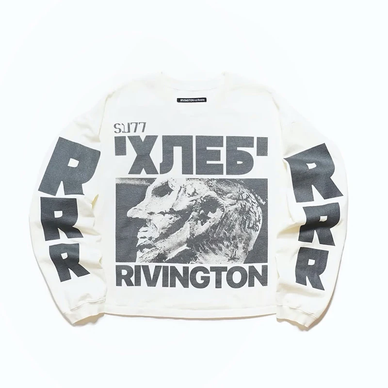 

Vintage Cement White Base RRR123 Long Sleeves T Shirt Men Women Unisex Oversized Tee Top Hip Hop Skull Print 100% Cotton T-Shirt