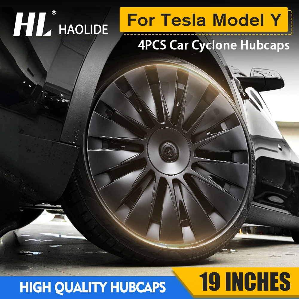 HL 4Pcs 19 Inch Wheel Hub Caps Full Rim Cover Cyclone Style For Tesla Model Y 2020‑2025 Matte Black Wheel Protector Hubcaps
