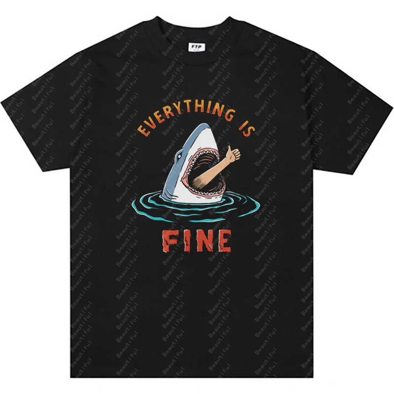 

Everything Is Fine Fun Shark Cartoon Printed T-shirts Women's Casual Short Sleeve Y2K T-Shirts Summer Women's Cotton Tops Tees