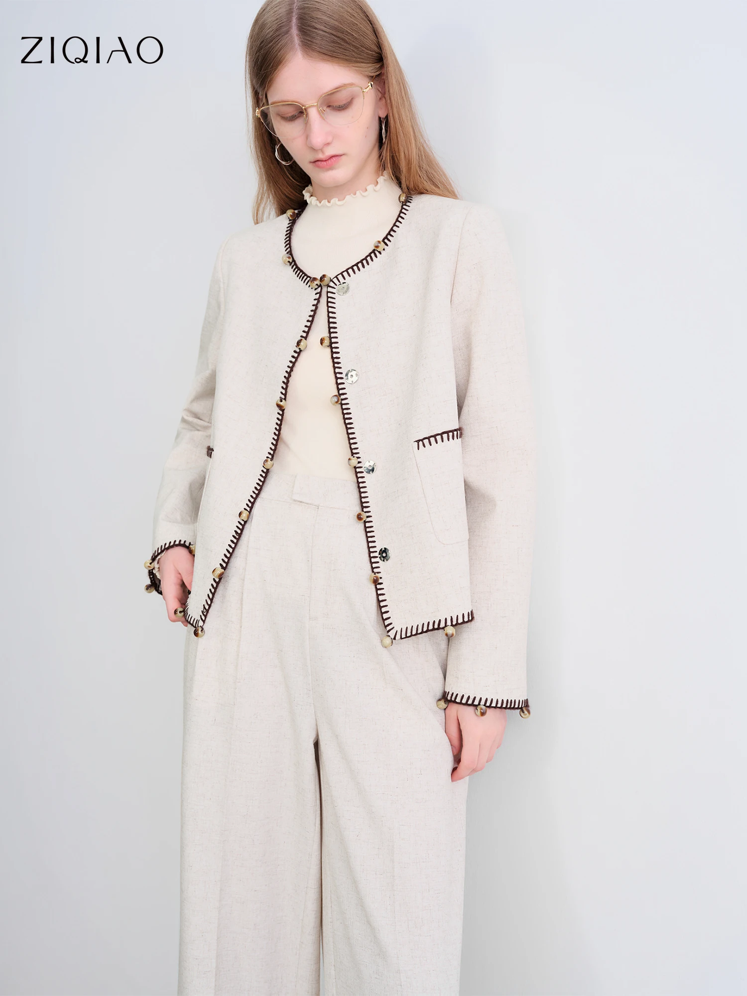 

ZIQIAO пальто из бисера и брючный костюм длиной до пола для женщин, осень 2022, новый костюм-двойка 25ZQ93078 + 25ZQ93079