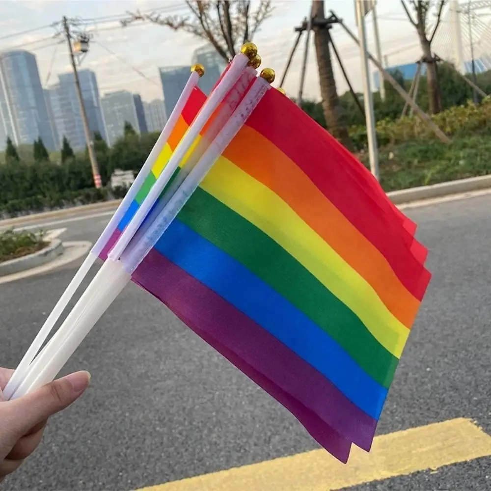 10pcs of Rainbow Flags 14x21cm Polyester Flag, Portable Handheld LGBT Pride Day Parade Gear Small Mini Hand Waving Flag