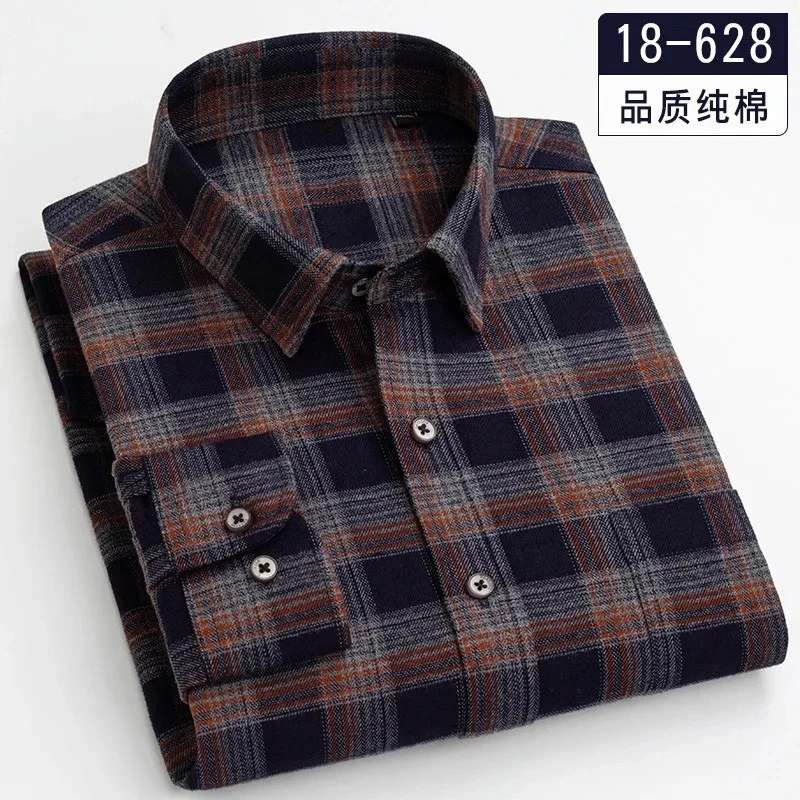 8XL 7XL100% Pure Cotton Lad Casual Slim Fit Shirt Men Longsleeve Shirt for Men Dad Loose Plaid Shirt Plus Size Button Up Shirt