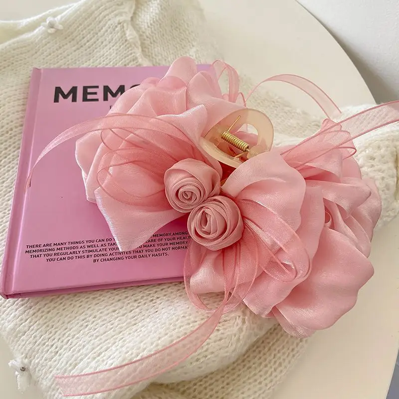 

Rose bow ribbon clip for women new French woven shark clip beautiful and elegant headwear for all seasons, AB side