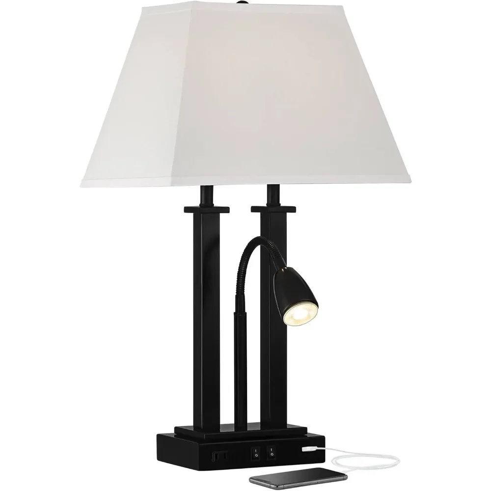 Lampe de bureau moderne à col de cygne, avec Port de chargement USB et prise, LED de 26 pouces de haut, abat-jour en tissu de lin et d'avoine en métal noir