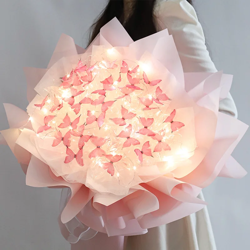 DIY Butterfly Bouquet with Led Lights Handmade Artificial Flower Material Package Wedding Birthday Party Decor Mother's Day Gift