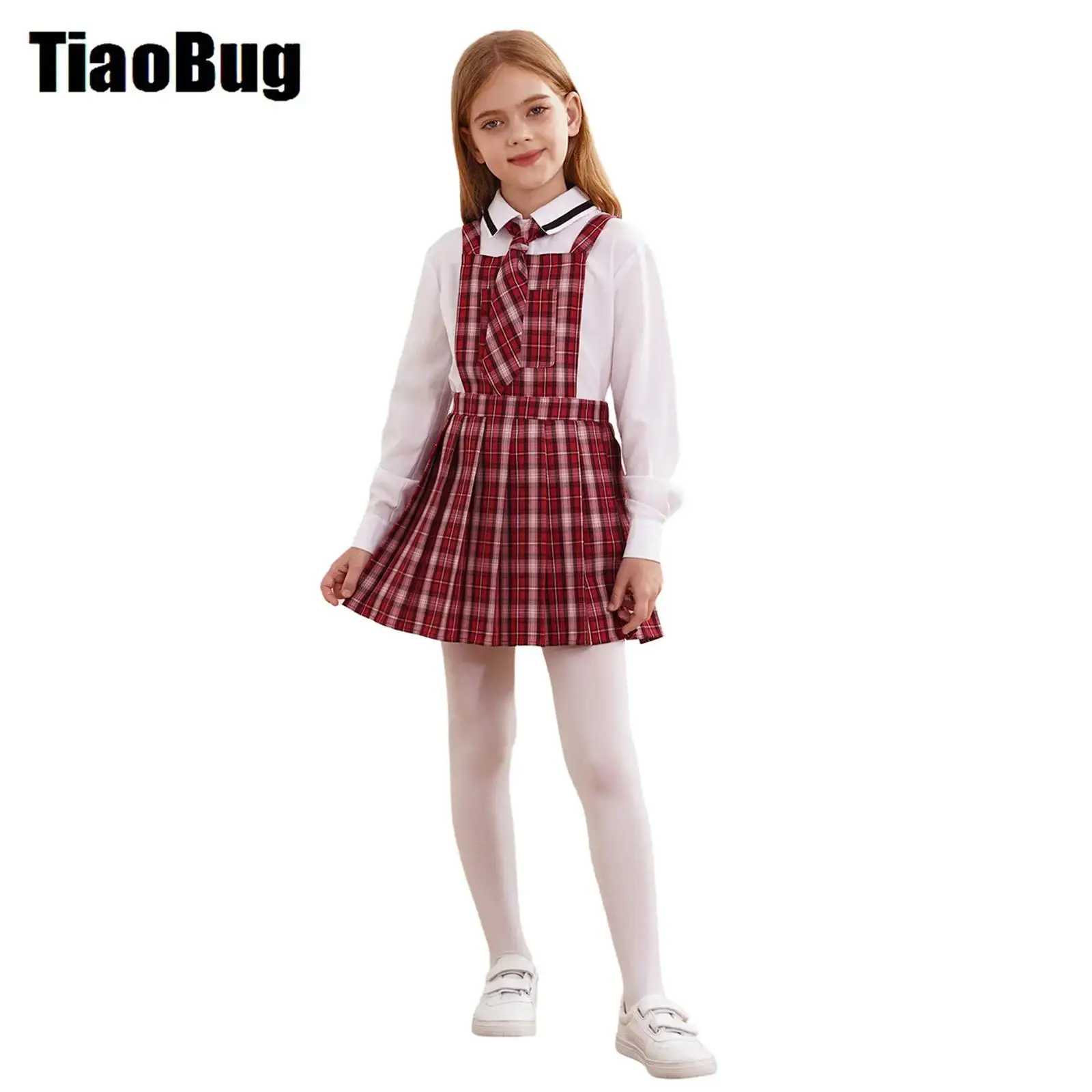 

Kids School Girls Uniform Sets Sleeveless Wide Straps Plaid Pleated Overall Dress with Tie Long Sleeve Pullover Shirt