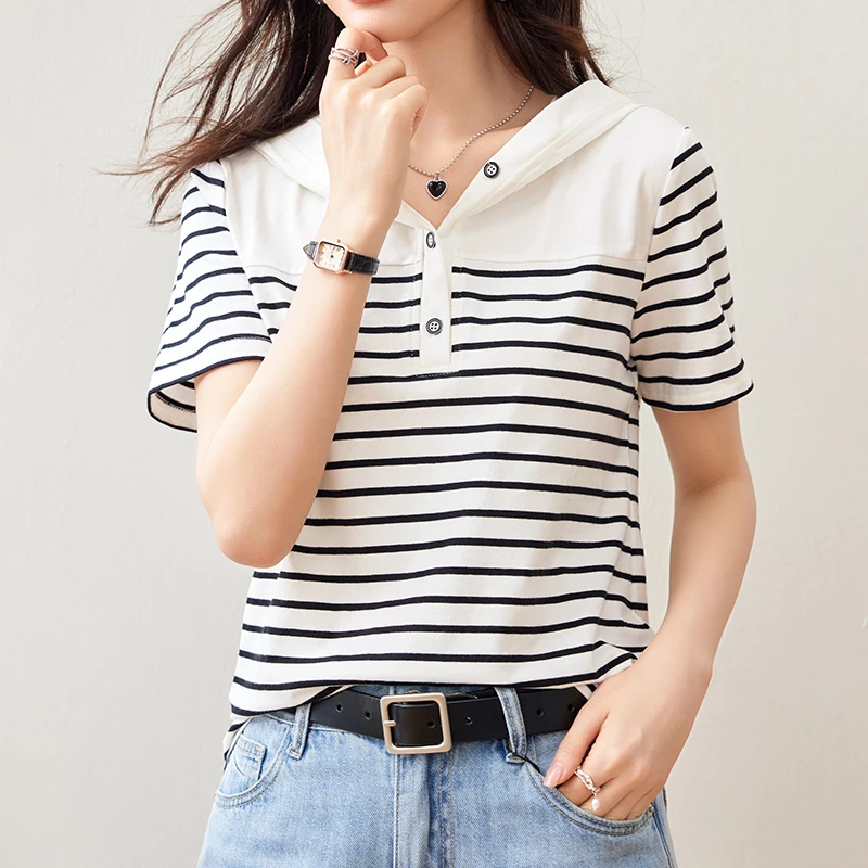 Simple Texture Summer Striped Hoodie T-Shirts Women Short Sleeve Loose Casual Tops 2024 New Korean Fashion Button Up Pullovers