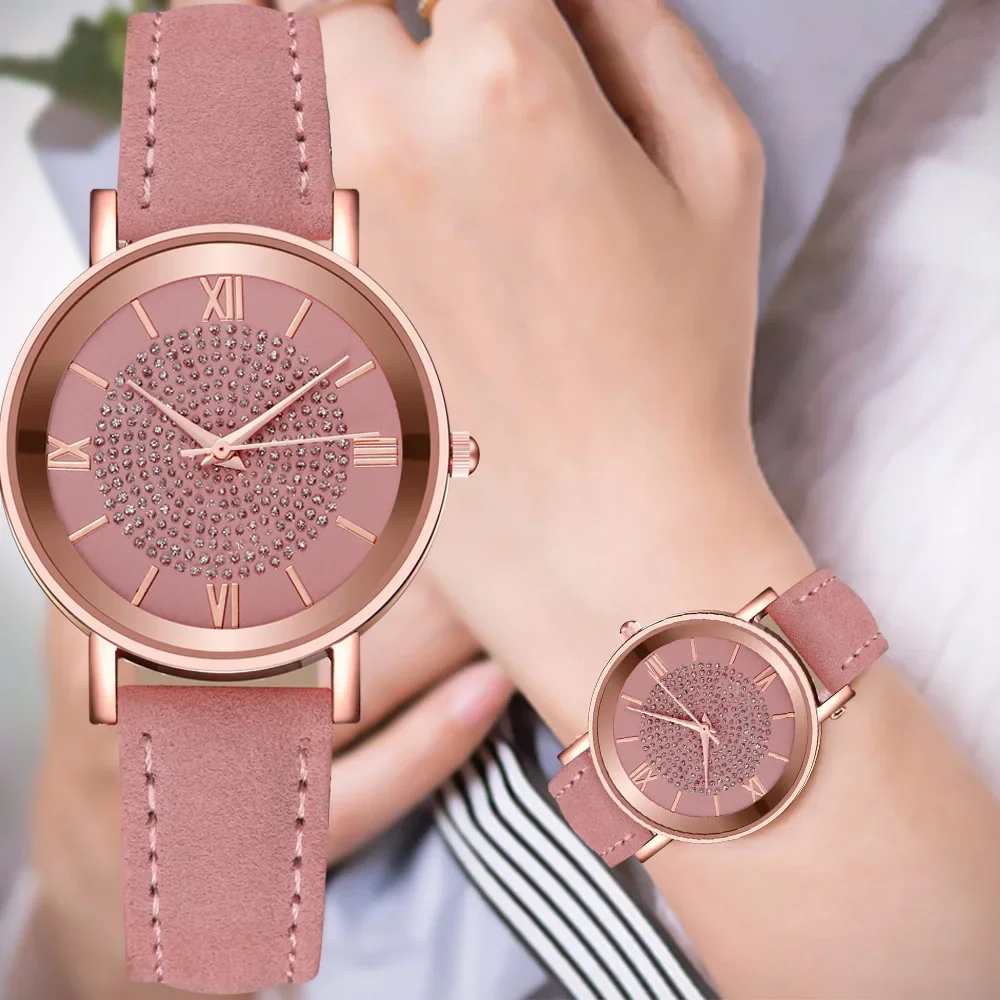 Round Face Rhinestone Star Sky Silver Pink Women for Watch Leisure Fashion Trend Frosted Band Vintage Quartz Wrist Watches Clock