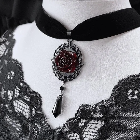Gothic Red Rose Velvet Necklace Women Girls Jewelry Fashion Purple Drop Charms Accessories For Her Witch Flower Pendant Choker