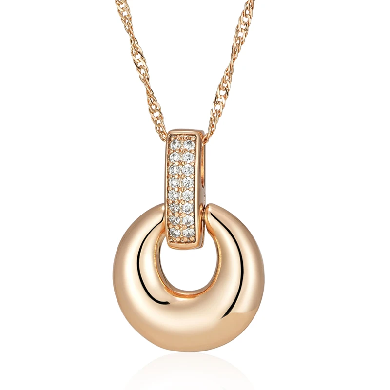 Kinel Fashion Glossy Geometry Round Pendant Necklace for Women Full Natural Zircon With 585 Rose Gold Color Daily Fine Jewelry