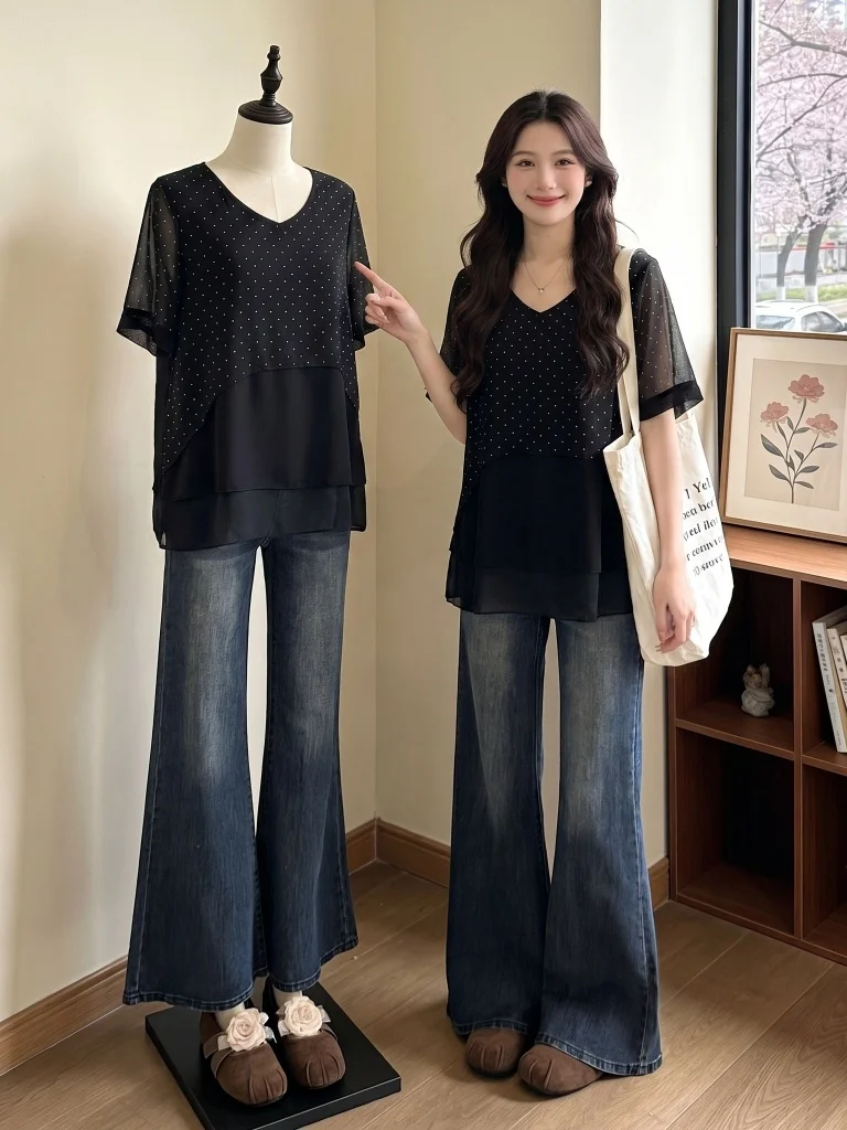 

Black Polka Dot V-Neck Short Sleeve Chiffon Top Women's Summer New Style plus Size Fashionable Age-Defying Top
