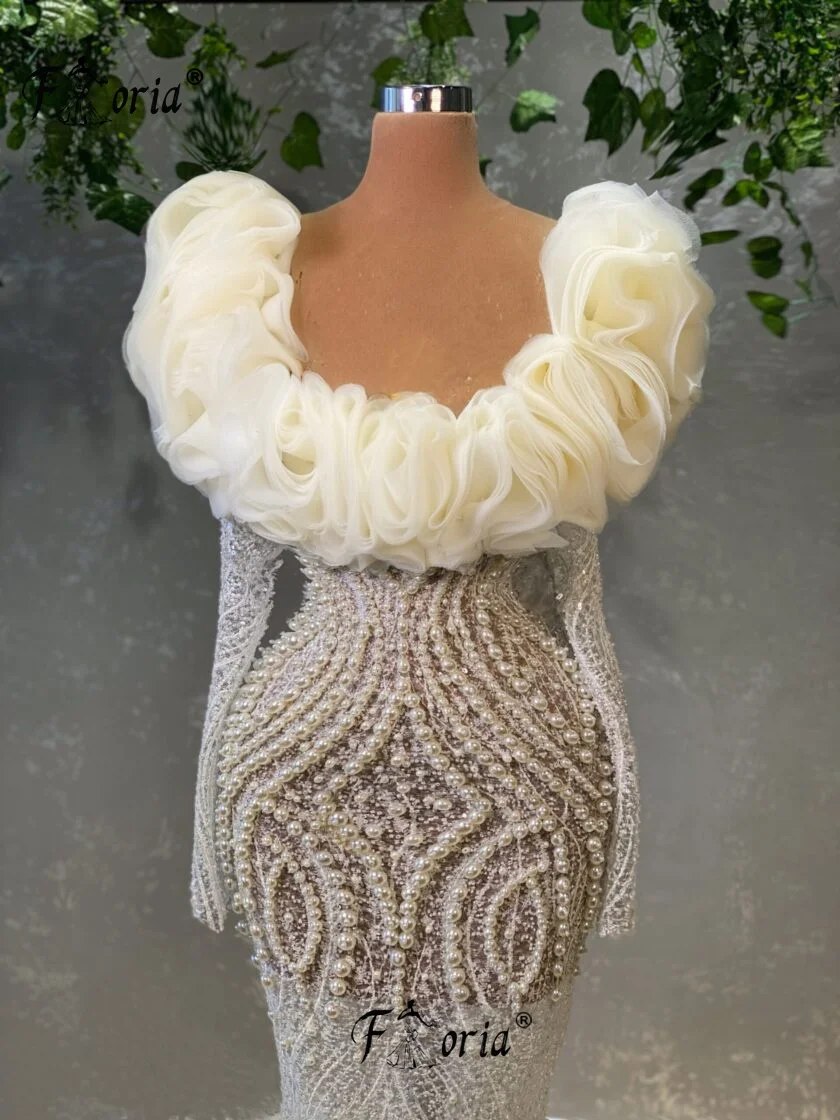 Gorgeous Pearl Formal Party Dresses Beaded Ruffles Dubai Mermaid Prom Celebrity Dress Illusion Wedding Gown Robe De Soiree Femme