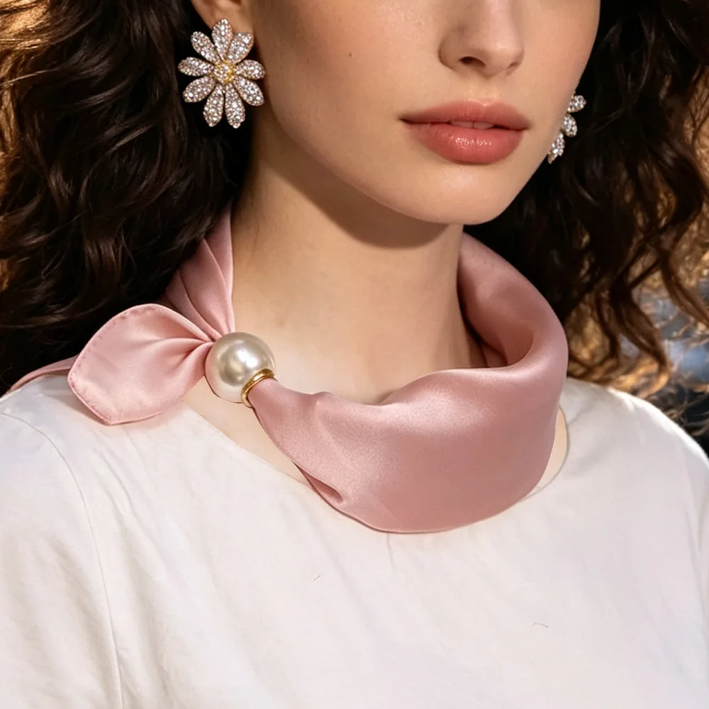 Pearl Button No-tie Faux Silk Scarf - Solid Color Satin Short Neck Scarf - Commute Chic, Effortless Style