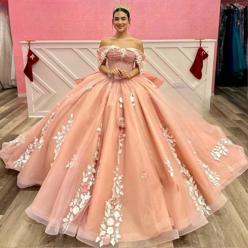 Vestido De baile con lazo De encaje para quinceañera, apliques rosas, hombros descubiertos, corsé De flores 3D, 15 Años