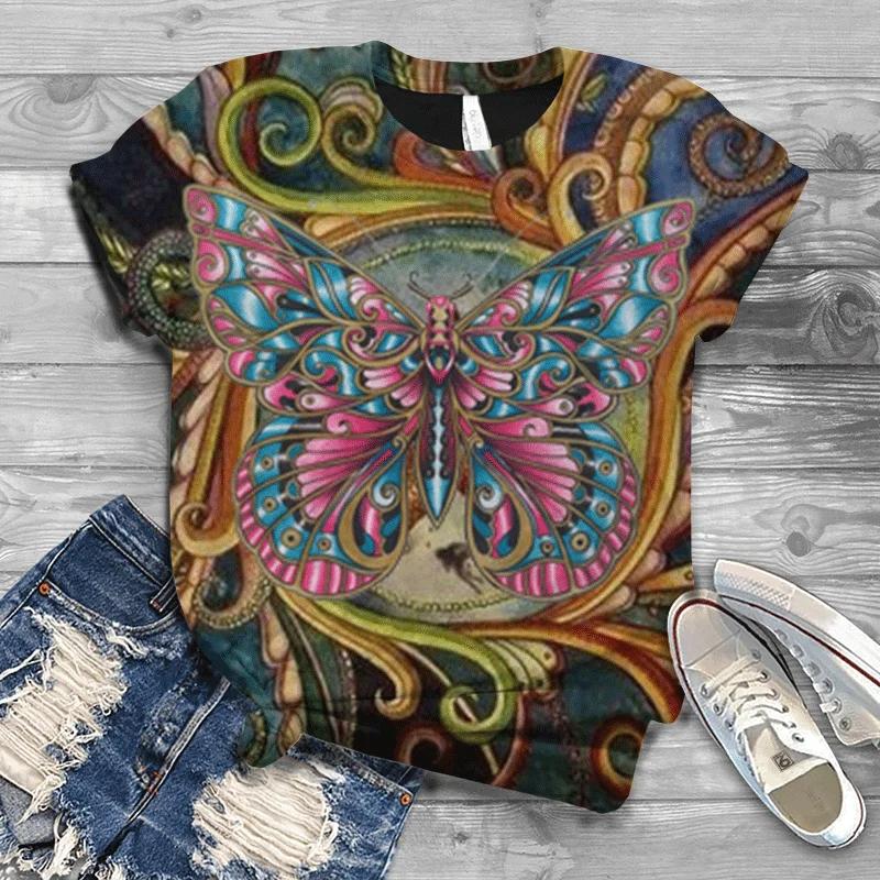 T-shirt d'été à manches courtes pour femmes, imprimé papillon en 3D, vêtements de rue décontractés, mode Harajuku