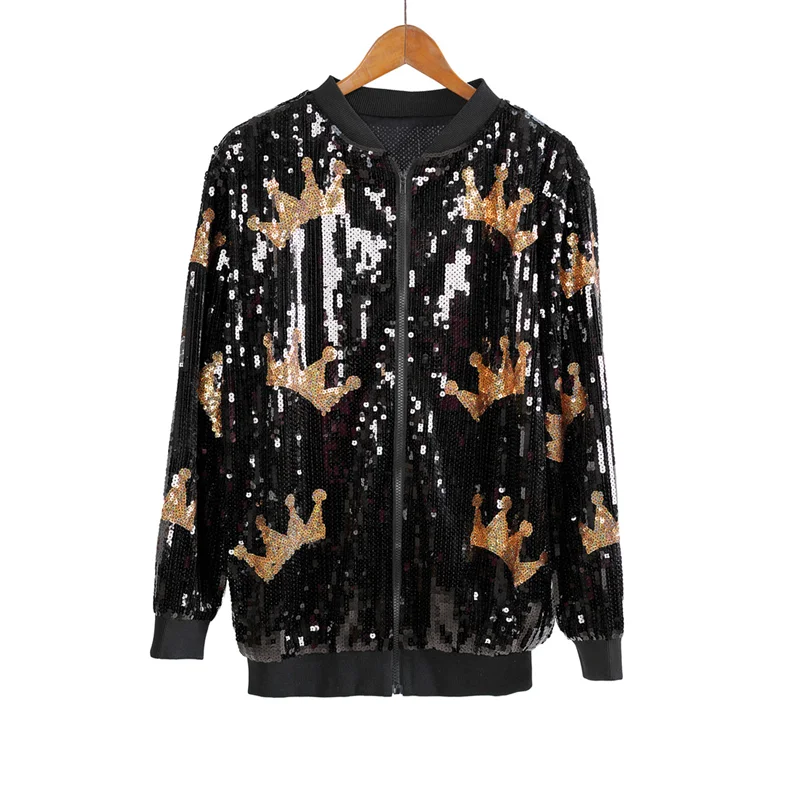 Autumn And Winter Long Sleeve Geometry Casual Streetwear Loose Outerwear Jackets Sequins Hip Hop Zipper Women's Coats