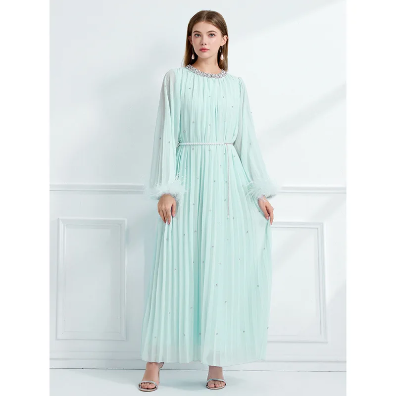 Herfst 2025, handgemaakte diamanten verfraaide struisvogelveren lange Sve geplooide hoge taille Street Sle dames Dr Thi stof