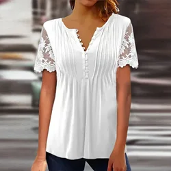 Women Elegant White Blouse Summer Button Up Pleated Lace Patchwork Short Sleeved Office Lady Work Clothes T-Shirts