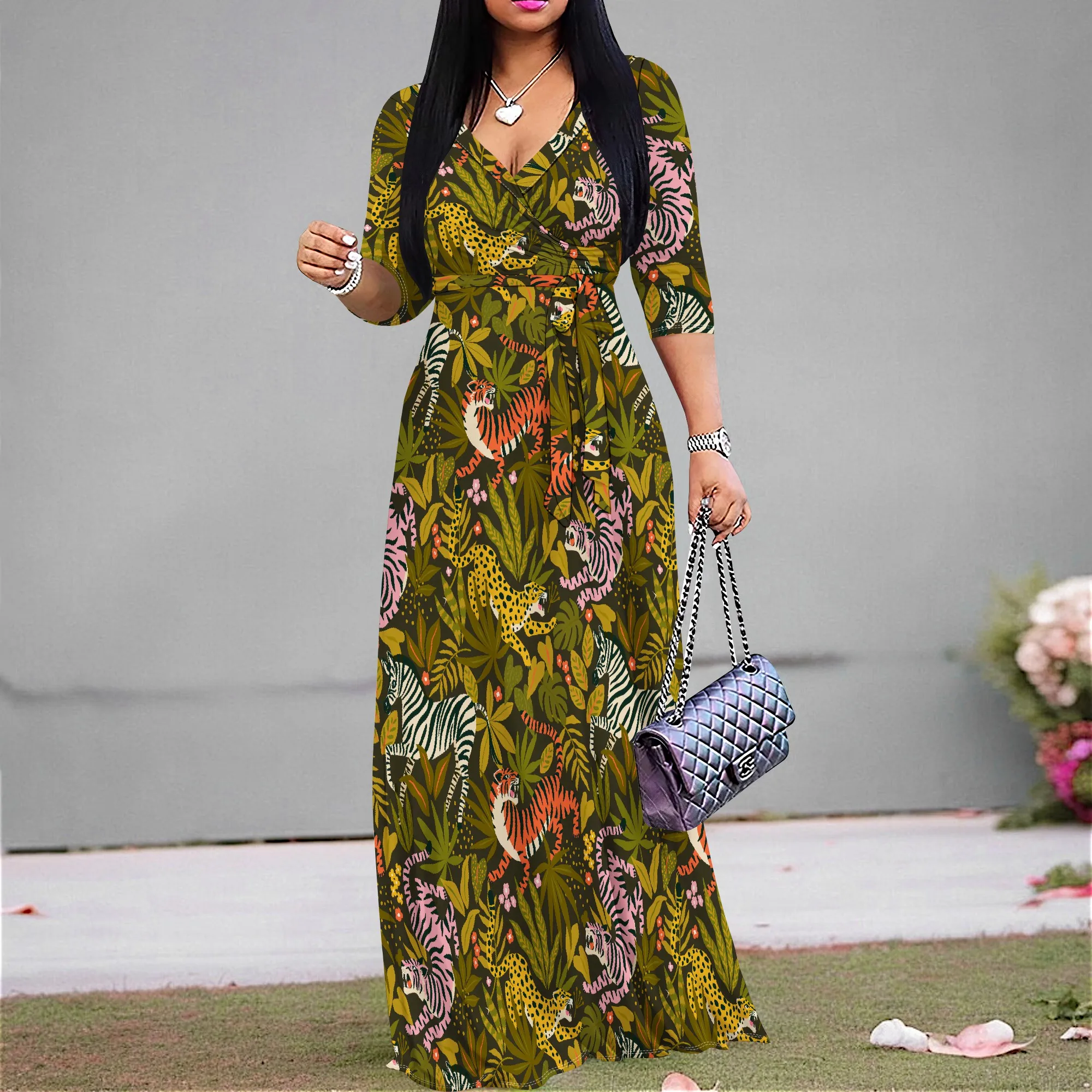 

Plus Size Jungle Animal Print Maxi Dress S-3XL – 2025 Afro Safari Wrap V-Neck for Festival, Vacation & Summer Style