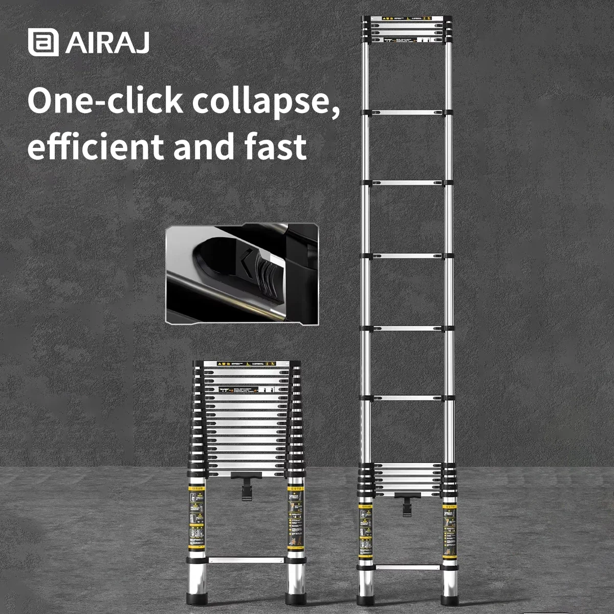 AIRAJ 2.7M to 4.7M Retractable Ladder, Durable Stainless Steel, Thickened Anti-Slip Pads Easy to Store for Outdoor construction