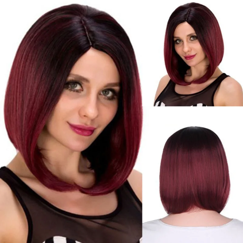 Best-selling wig female black gradient Burgundy medium part bangs short straight Bob synthetic high temperature silk wig