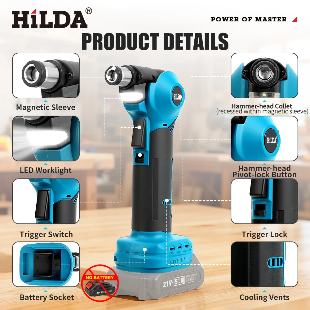 هيلدا اللاسلكي مطرقة كهربائية محرك نحاسي أداة السلطة 0/45/90 درجة قابل للتعديل رئيس مطرقة الحفر تحمل أضواء LED