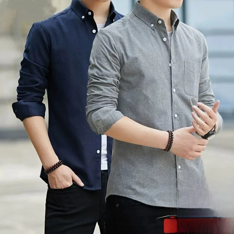 New 2026 Men's Oxford Cloth Long Sleeve Shirt Casual Loose Workwear Spring Autumn Seasonal Comfortable Polyester Fiber Shirt