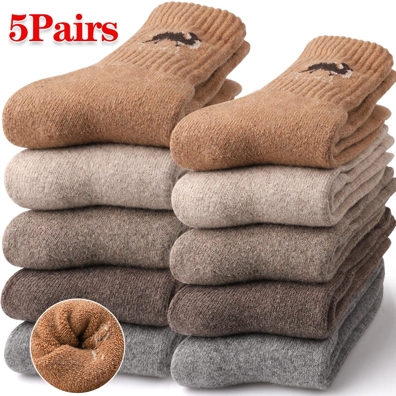 5 Paar verdickte Crew-Socken mit Kamel-Aufdruck für Herren, Winter, lässig, schwer gestrickt, mittelhohe Socken, mit Fleece gefüttert, Komfort für draußen/innen
