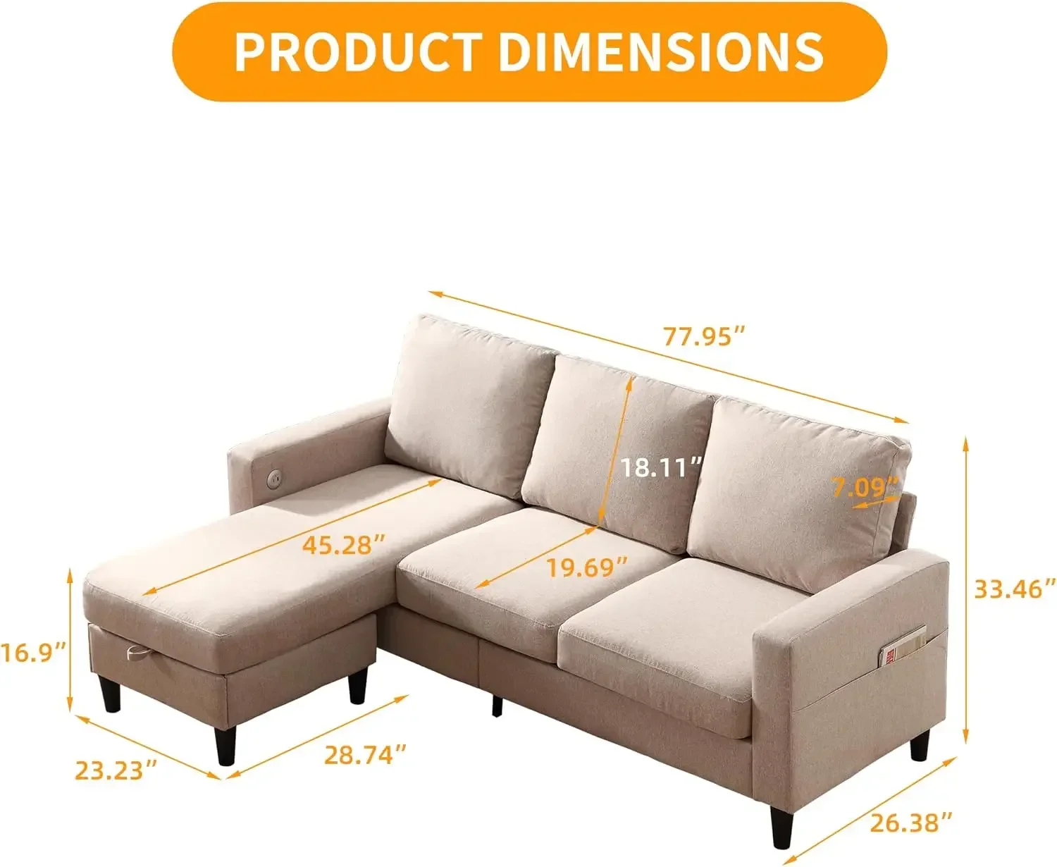 Convertible Sectional Linen Sofa for Living Room Apartment, L-Shaped Couch 3 Seats w/Storage Chaise & Charging Port, Beige