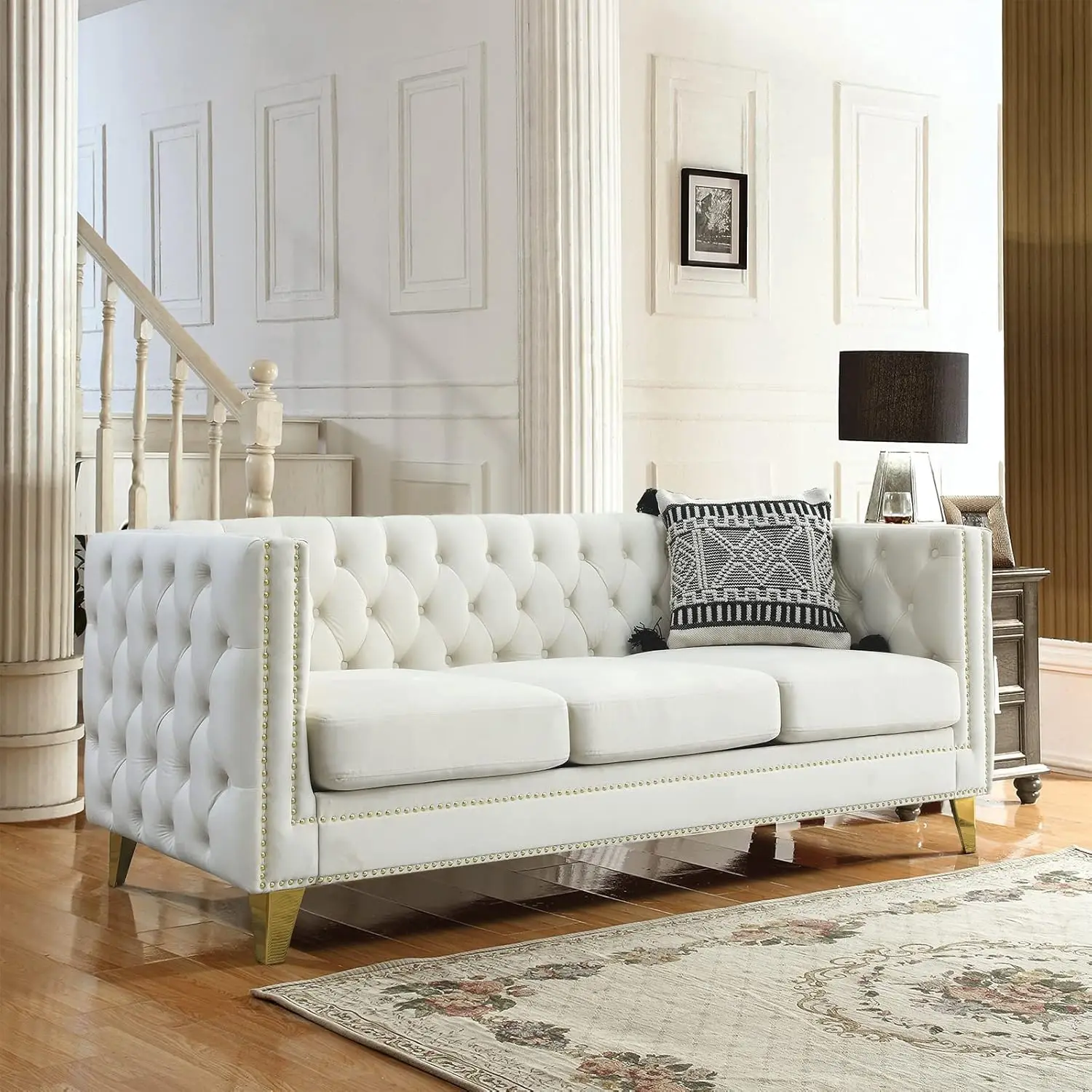 Comfy Upholstered Couches for Living Room, 80-inch Modern Button Tufted 3-Seater Sofa w/Square Arm, 4 Golden Metal Legs