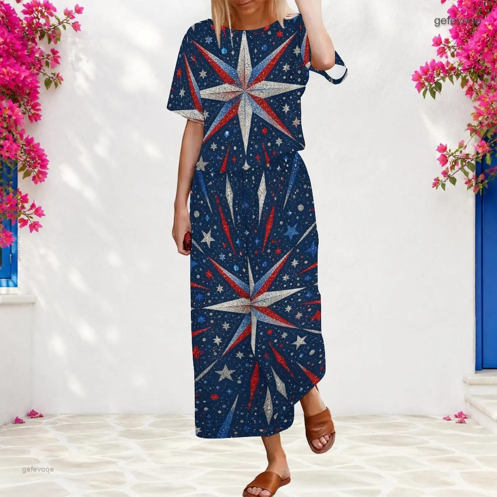 Women 2 Piece Outfit Round Neck Short Sleeve Top With Elastic Waist Wide Leg Pants Set Custom Print Ladies Casual Loungewear