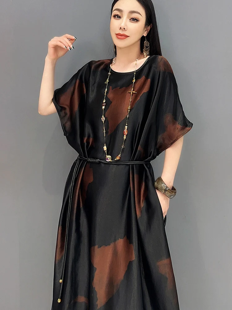 SHENGPALAE Chinese Style Satin Print Loose Swing Long Dress Short Sleeves Fashion Elegant Women Dresses 2024 Summer New 5R9796