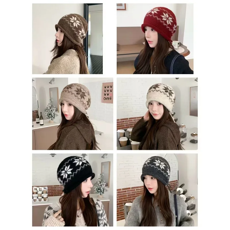 Korean Jacquard Rolled-Edge Knitted Beanie for Women Fair Isle Large Head Circumference Warm Ear-Protecting Wool Slouchy Hat