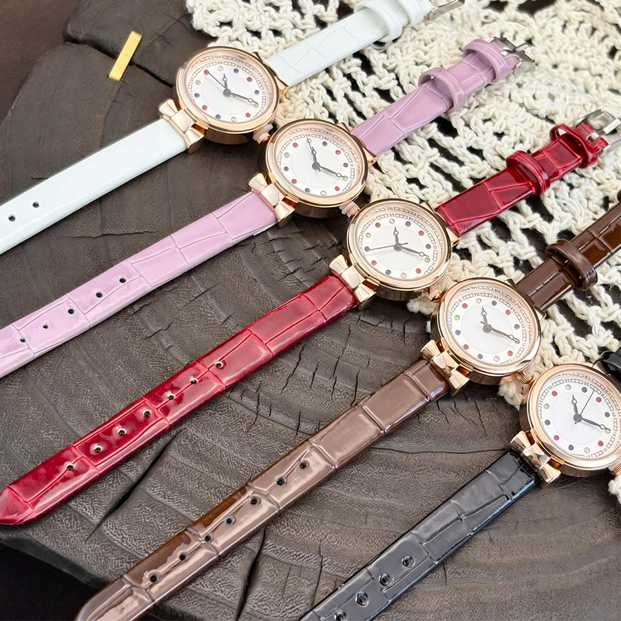 Montre en cuir pour femme : Cadran incrusté de diamants colorés, style rétro brillant, montre tendance