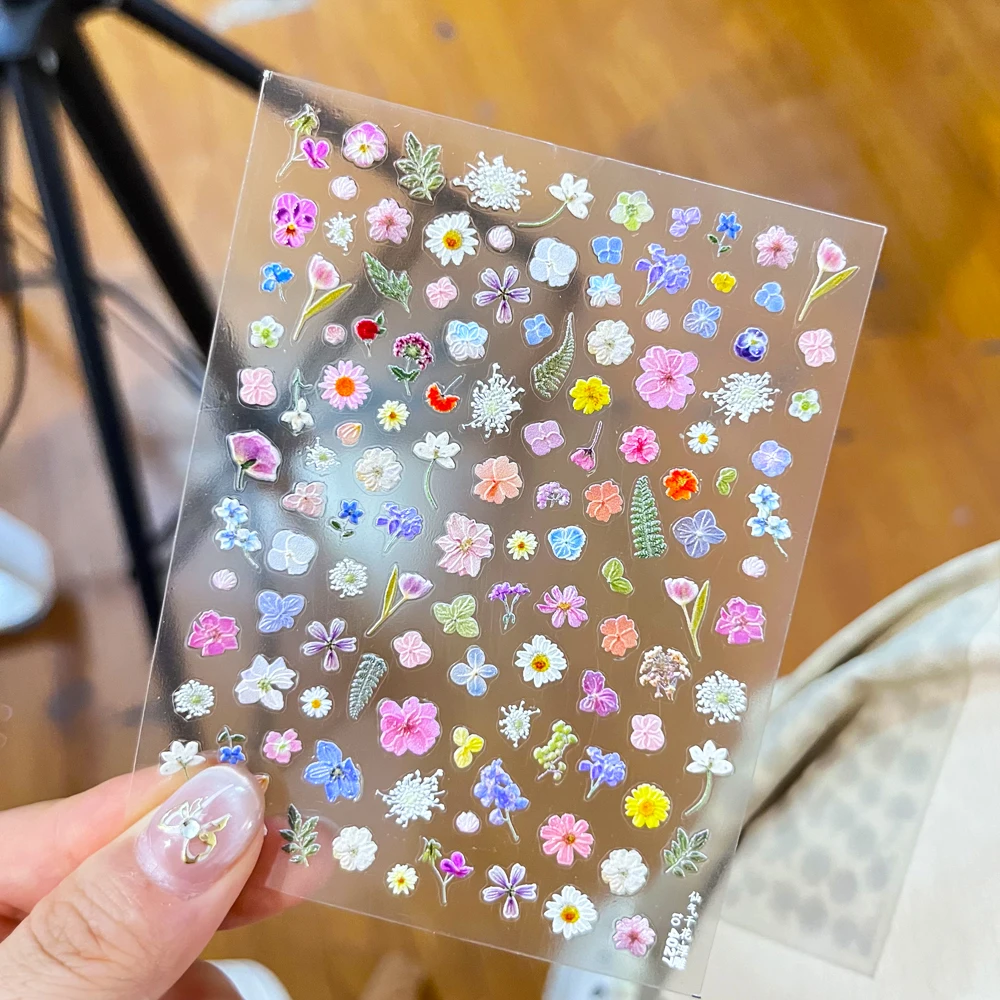 1pcs 5D Dried Flowers Nail Stickers Gold Foil Daisy Violet  Peach Blossom Vivid Wildflowers Nail Decals DIY Spring Manicure Deco